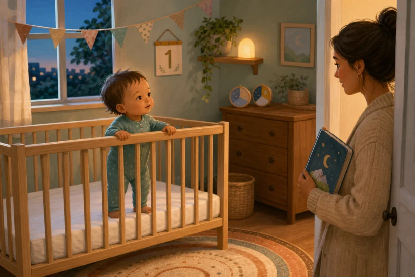 Awake one-year-old stands safely in an empty crib while a caregiver pauses at the doorway beside paired nap clocks