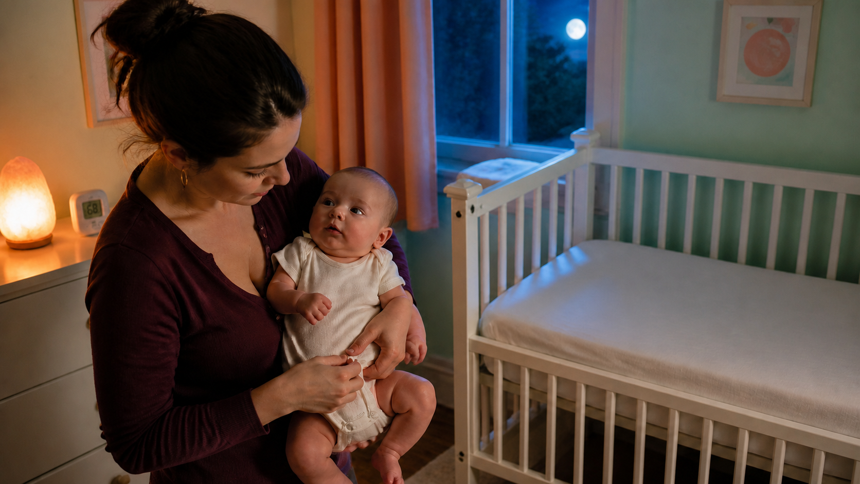 Caregiver fastens a lightweight cream onesie beside a bare crib in a mint nursery lit by a coral nightlight