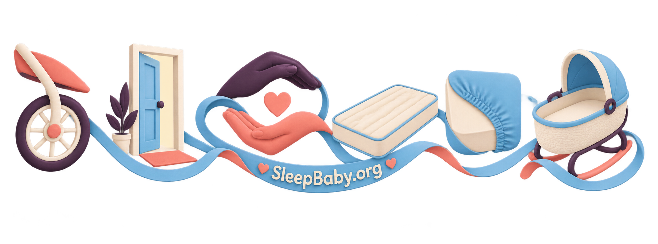 Editorial ribbon moving from a travel wheel and doorway through protective hands to a firm mattress and empty bassinet