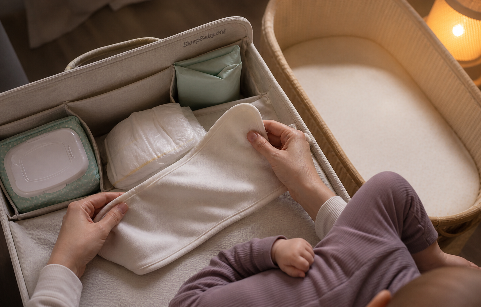 Caregiver unfolds a clean waterproof liner from a labeled diaper caddy beside an empty bassinet