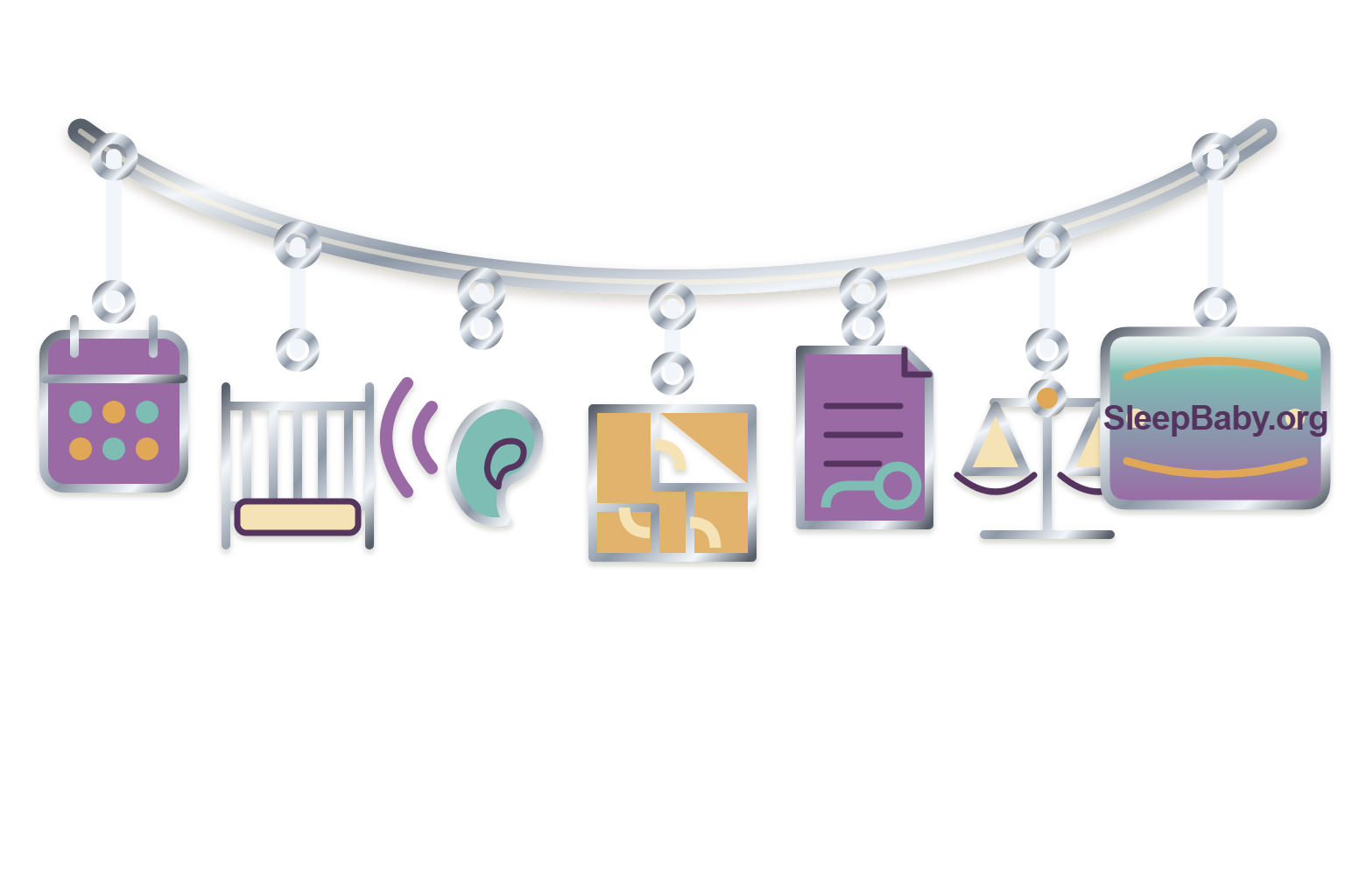 A jewelry-like charm strand with a six-month calendar, bare crib, listening ear, floor plan, pediatric note, and balanced scale