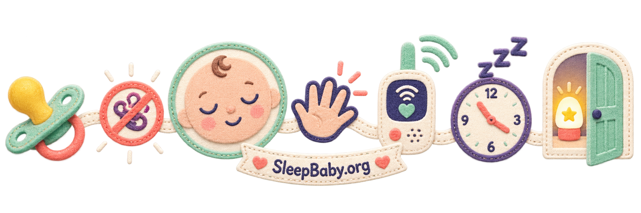 A felt rail shows a pacifier left out beside a face-up sleep cue, open hand, monitor, clock and doorway light.