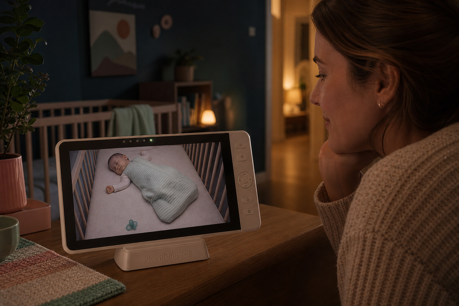 A parent sees a sleeping baby on a monitor with the pacifier resting safely away from the face.