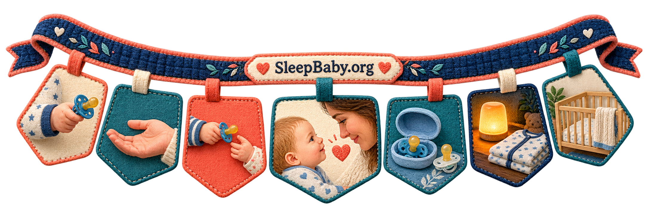 Stitched teaching rail showing a baby offering a pacifier, an adult receiving it by hand, a warm shared look, a clean spare case, bedtime pajamas, and a bare crib
