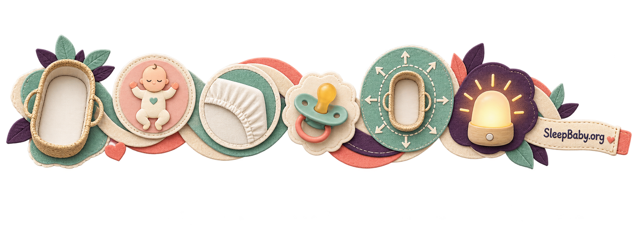 A fabric rail links an empty bassinet, back-sleep cue, fitted sheet, standalone pacifier and nightlight.