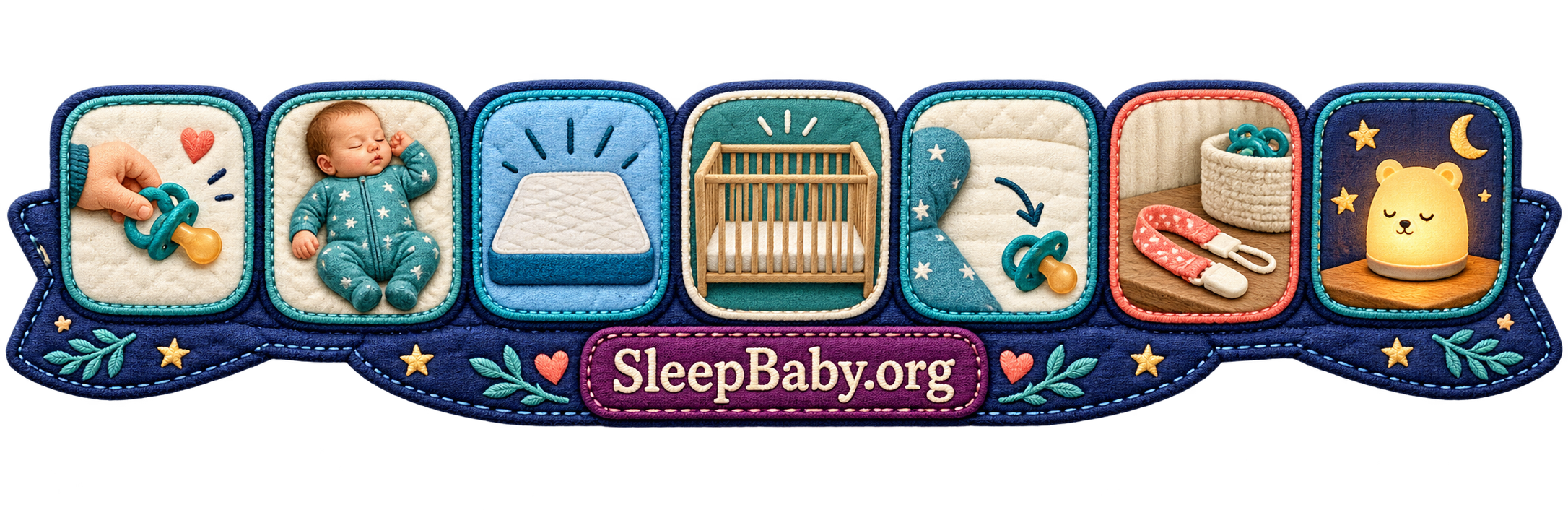 Quilted safe-sleep rail showing a loose pacifier, baby on the back, firm flat mattress, bare crib, pacifier falling away, clip stored outside, and a warm nightlight