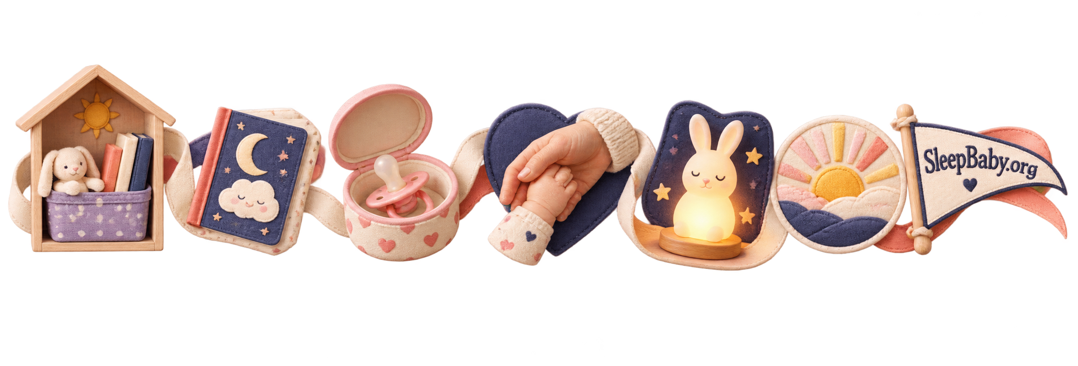 A fabric rail moves from a pacifier cubby through a bedtime book and comforting hands toward a nightlight and sunrise.