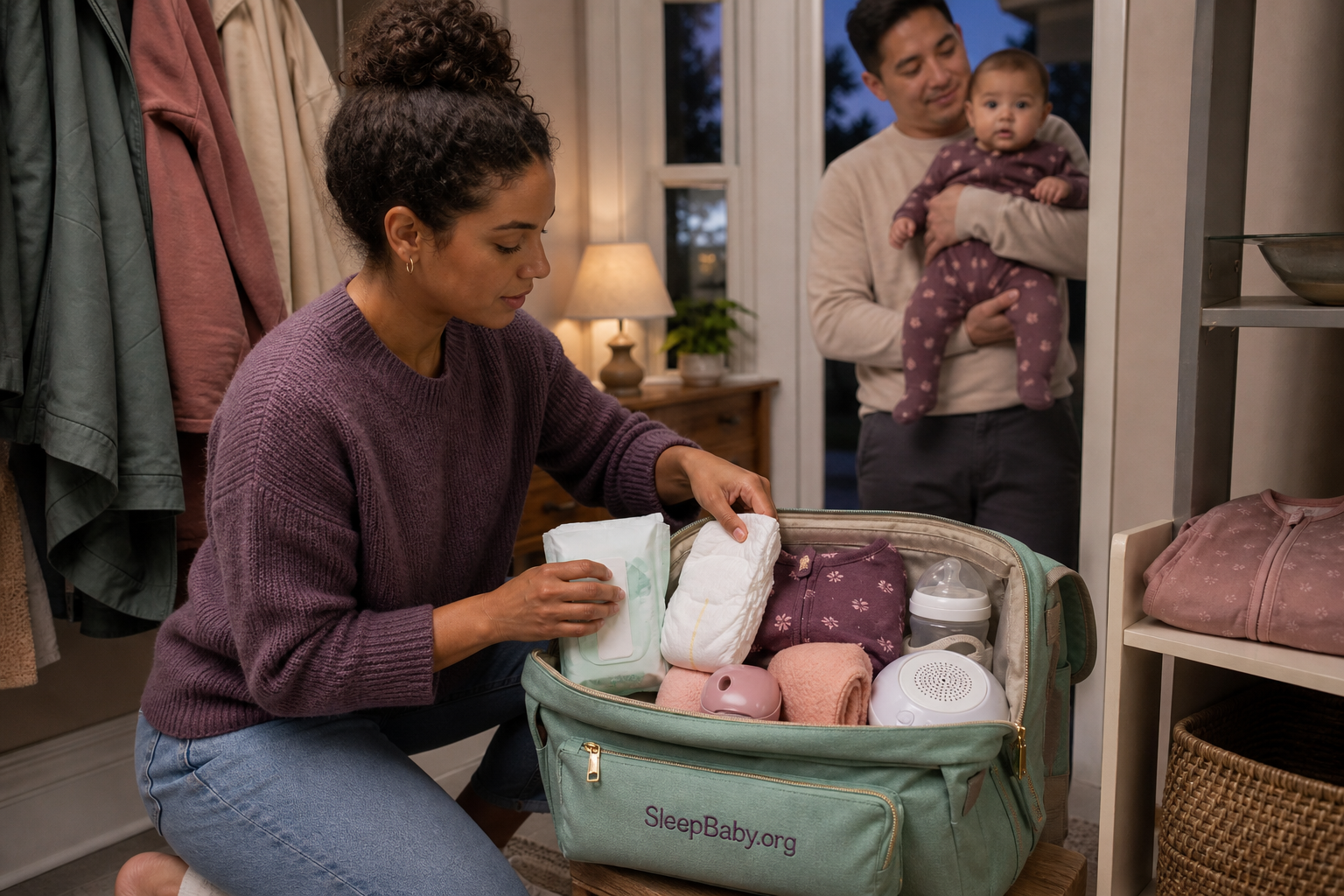 Caregiver packing diapers, pajamas, a pacifier, feeding supplies and a portable sound machine into a mint bag before an evening restaurant trip with a baby.