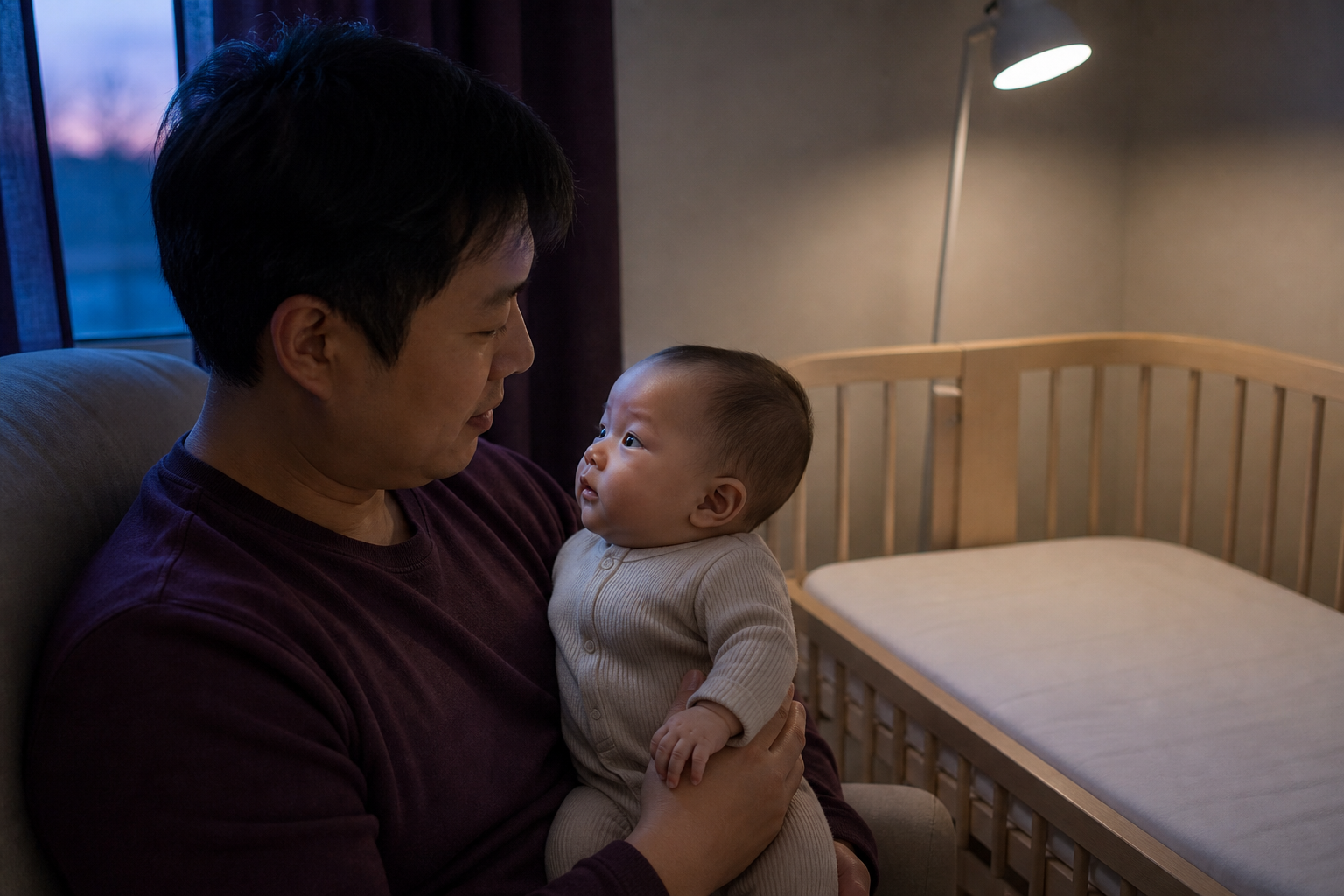 Father checks an alert baby's central color under neutral light beside a bare crib
