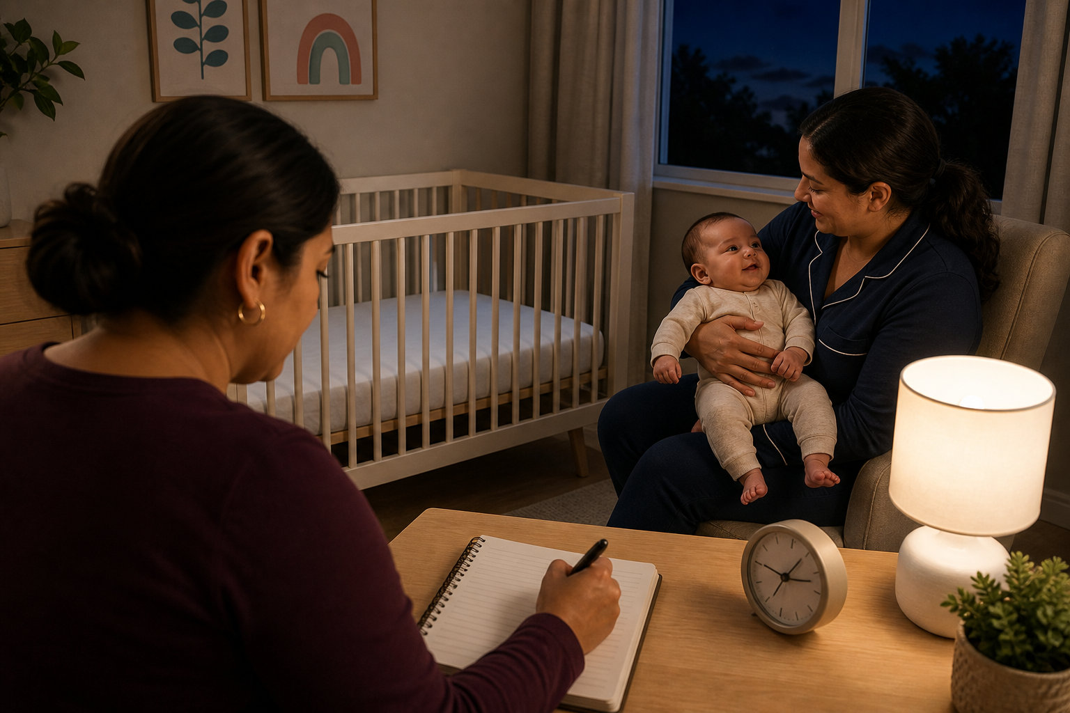 Caregiver records a nighttime observation while another caregiver holds an alert baby beside a bare crib