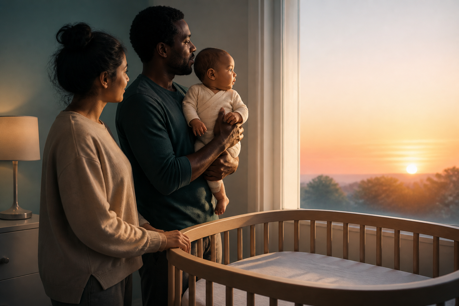 Parents and alert baby greet dawn beside a bare crib after a clear overnight safety check