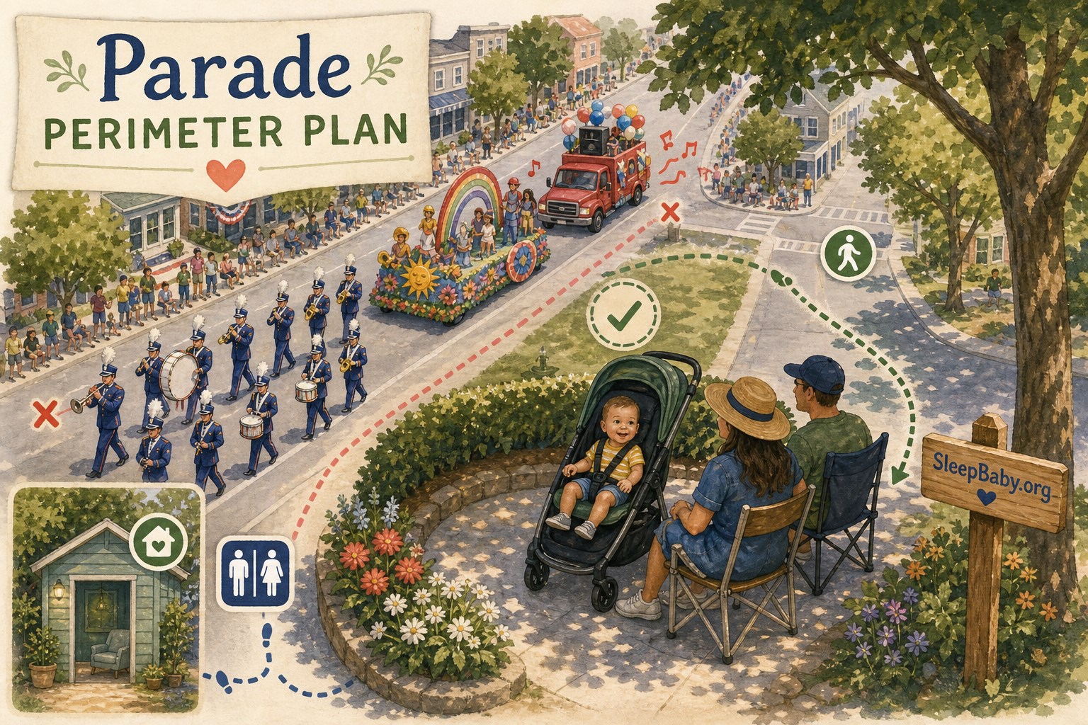 Illustrated parade map places an awake harnessed baby in open shade near a side-street exit and away from a speaker truck, drum line, intersection, and vehicle turn.
