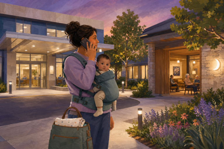A parent holding an awake baby in a carrier calls from outside a hospital and nursing-home entrance at dusk.
