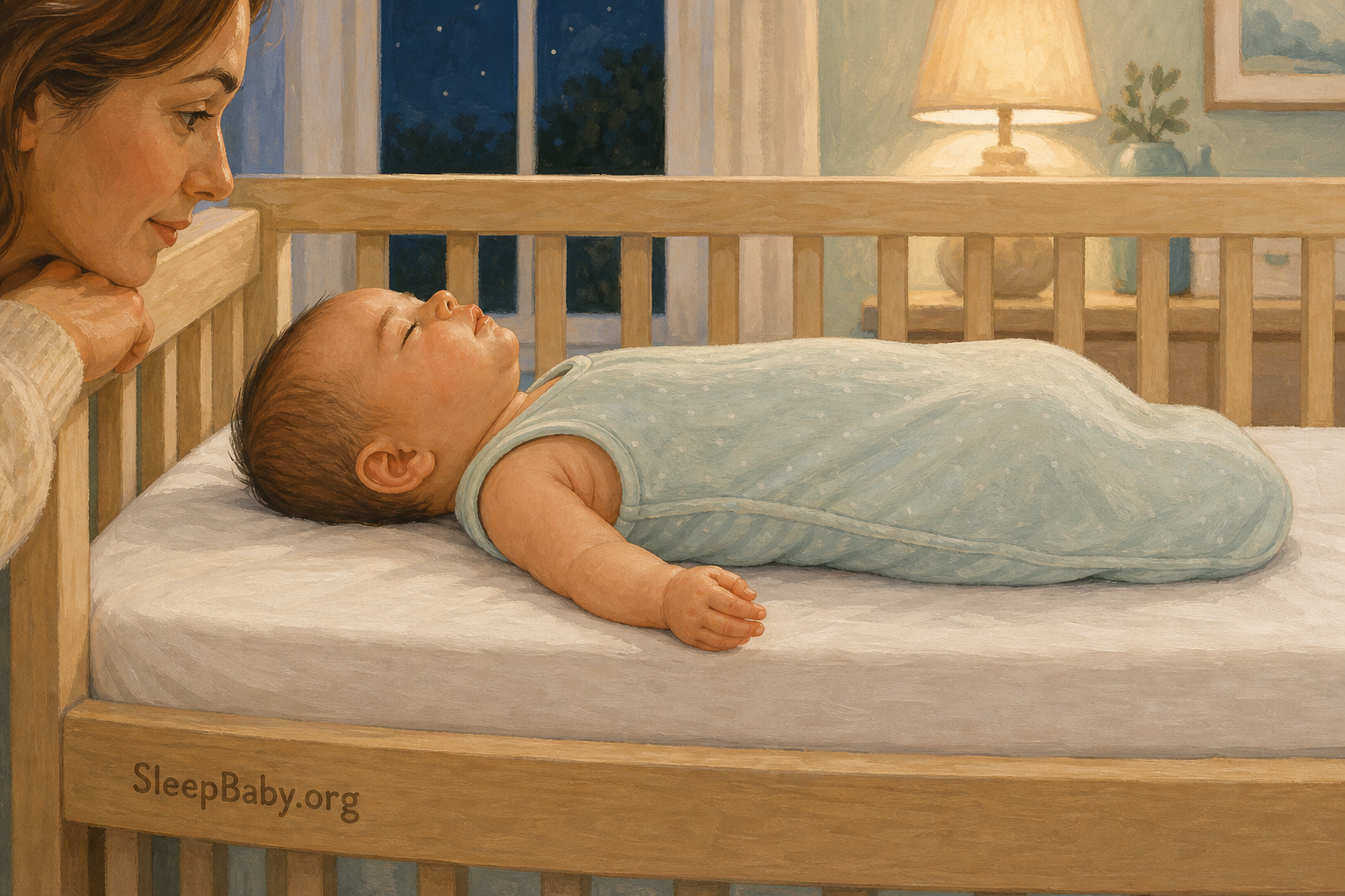 A caregiver checks breathing and clear crib space while a baby sleeps in a mild curved pose