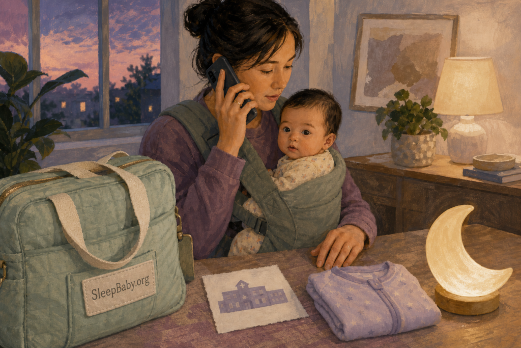 A parent calls the exact care facility before leaving home with an awake baby.
