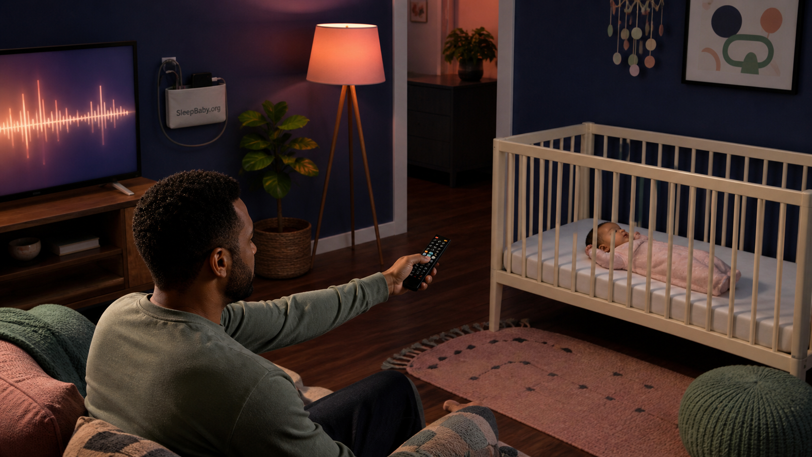 A parent lowers the television volume after noticing a baby startle on a safe sleep surface