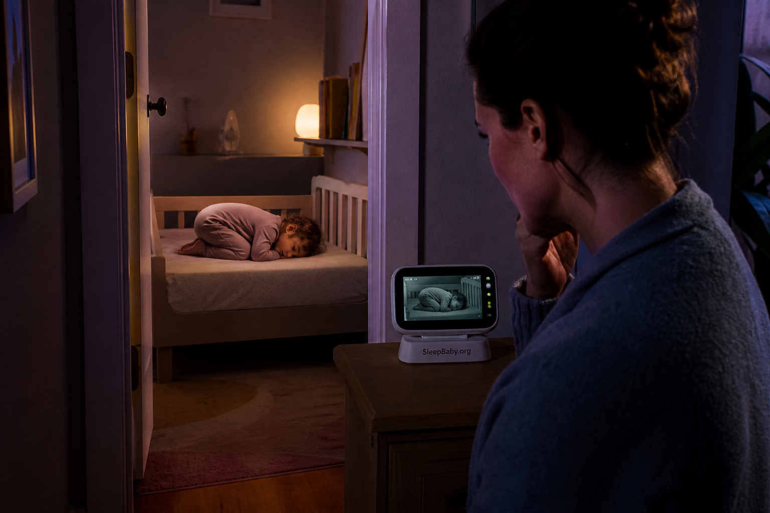 Parent checking a video monitor from the doorway while a toddler sleeps folded forward with a clear face
