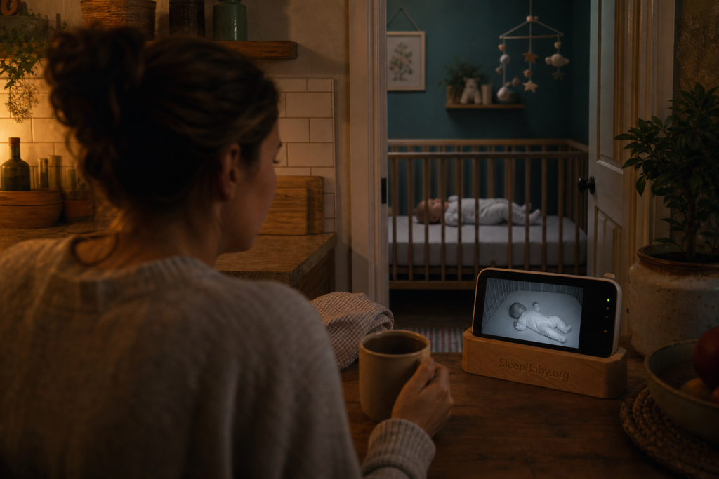 A parent calmly watching a baby stir on a monitor while the baby remains safely asleep on a bare flat sleep surface