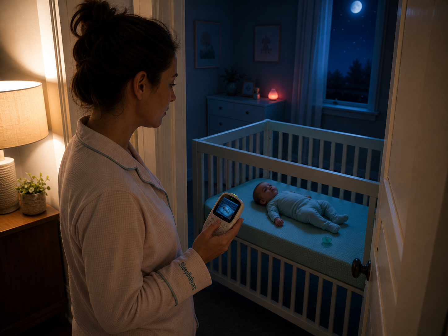 Parent at the nursery doorway watching an awake baby and a fallen pacifier in a clear crib.