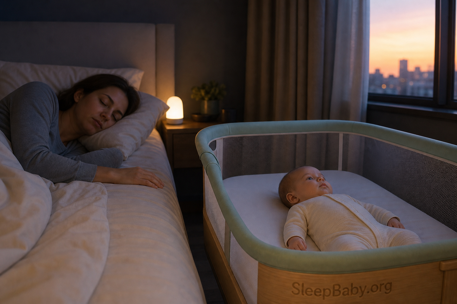Sleeping parent and awake baby occupy separate bed and clear bassinet as dawn arrives.