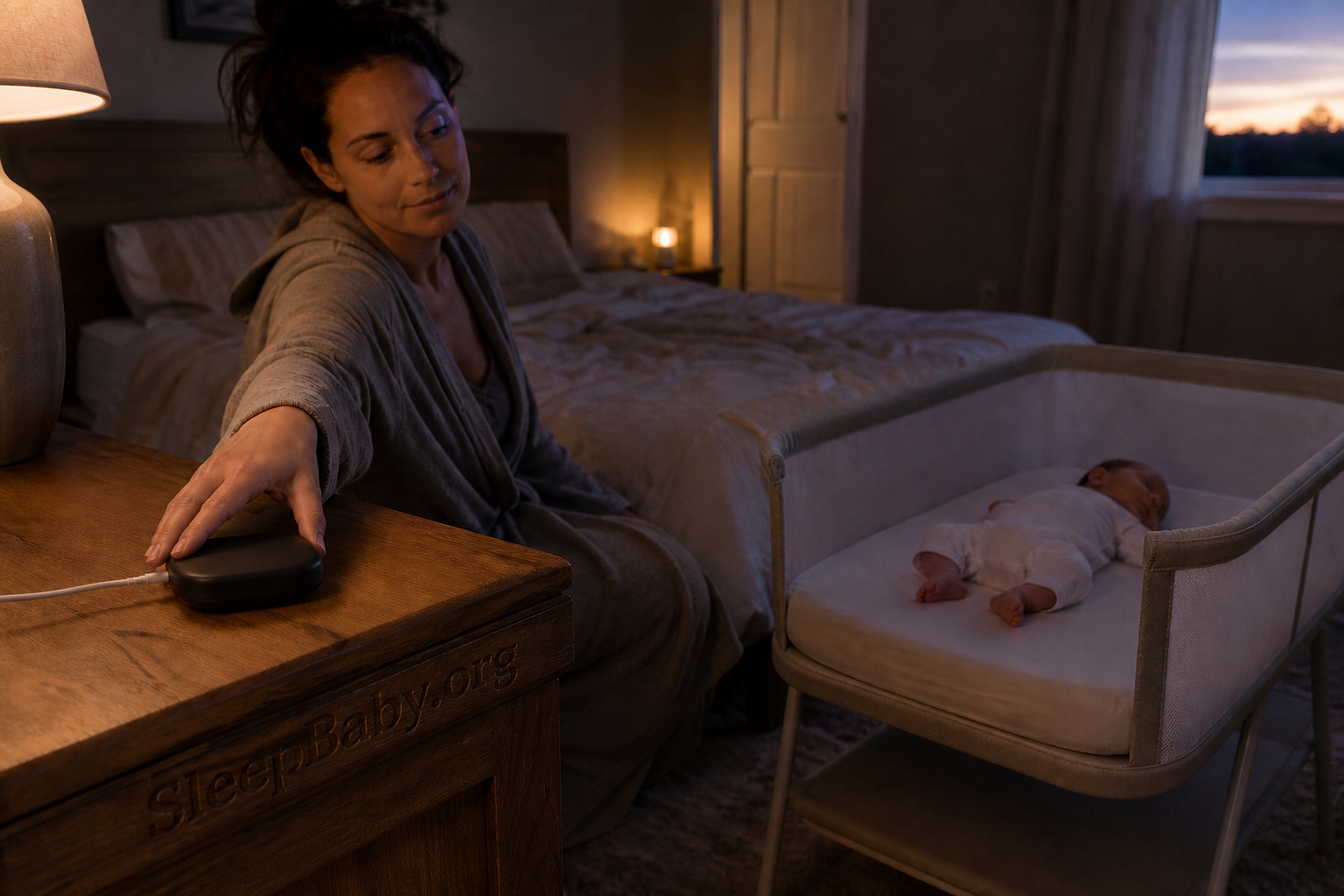 Caregiver turns monitoring off as dawn reaches the safe bedside bassinet.