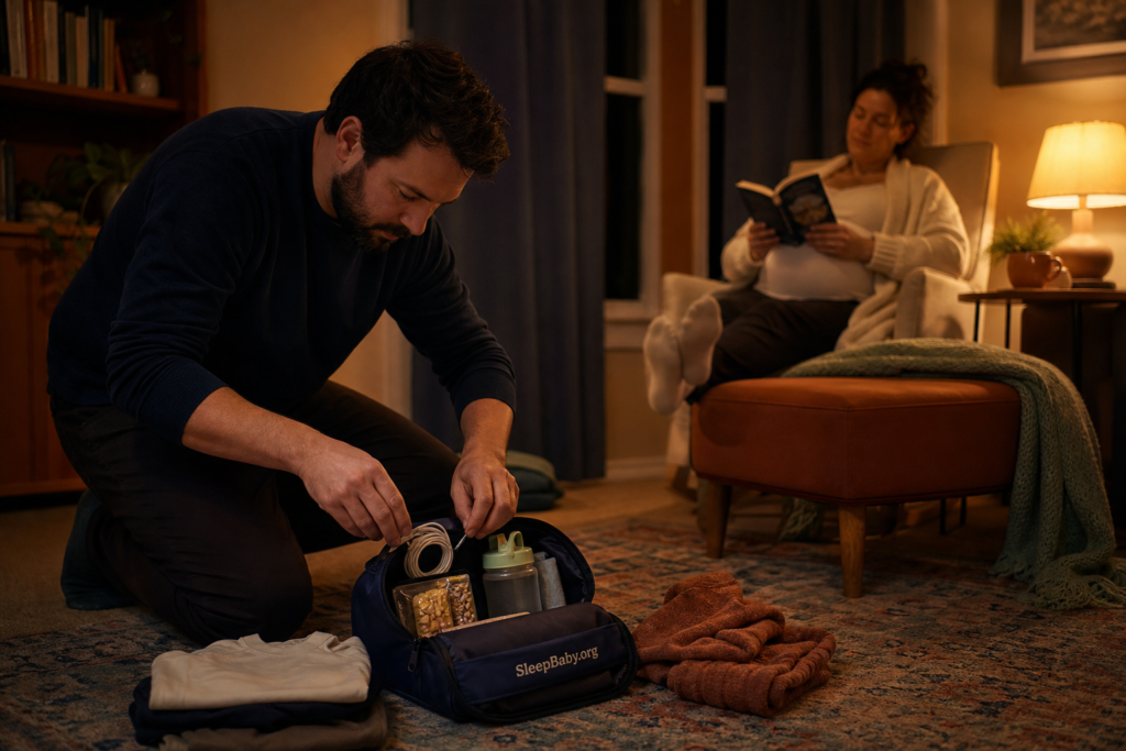 Partner packs charging cables, water, snacks and a change of clothes into an overnight pouch while a pregnant parent rests under a warm evening lamp