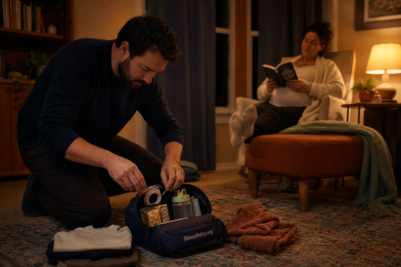 Partner packs charging cables, water, snacks and a change of clothes into an overnight pouch while a pregnant parent rests under a warm evening lamp