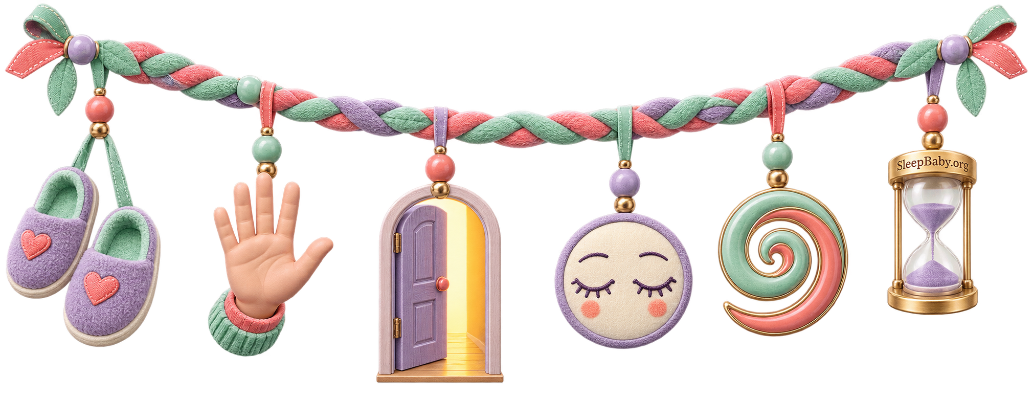 Editorial ribbon with slippers at a doorway, a raised pause hand, open door, closed eyes, settling spiral, and hourglass
