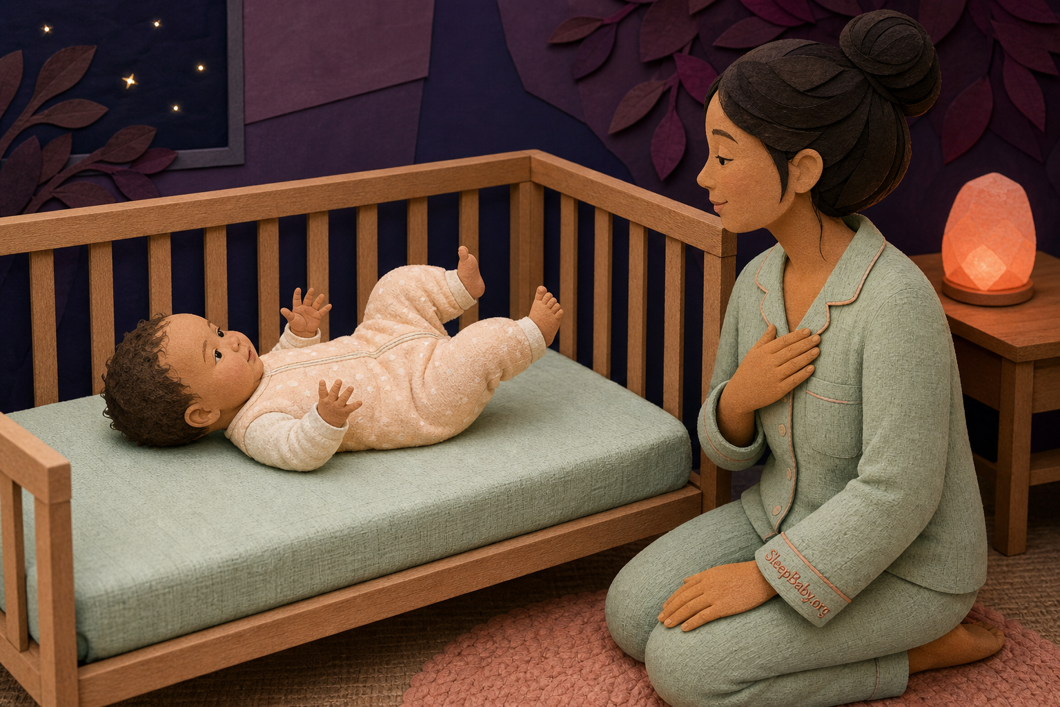 Caregiver pausing beside the crib while a baby kicks and waves before sleep