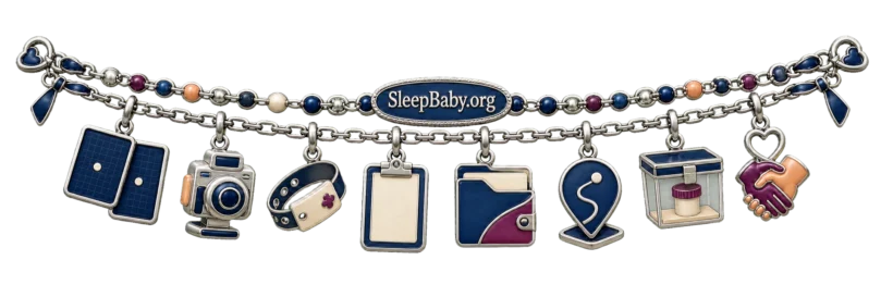 Blue-silver ribbon with two-view panels, imaging camera, ID band, clipboard, folder, route marker, sample case, and linked hands.