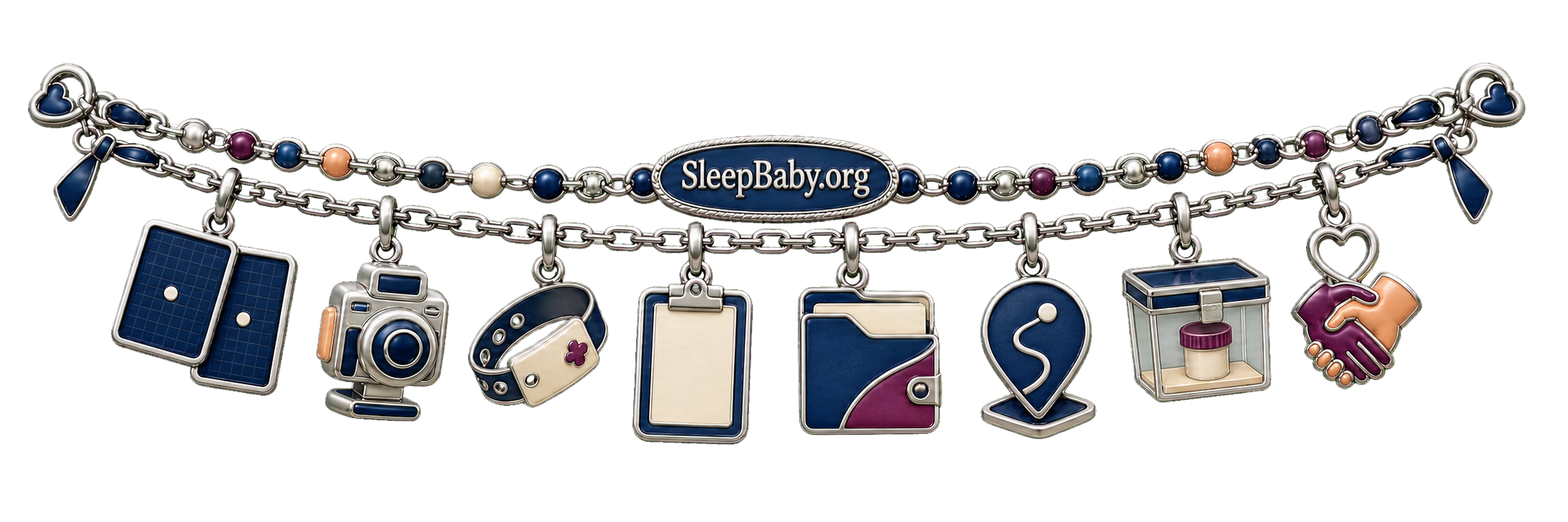 Blue-silver ribbon with two-view panels, imaging camera, ID band, clipboard, folder, route marker, sample case, and linked hands.