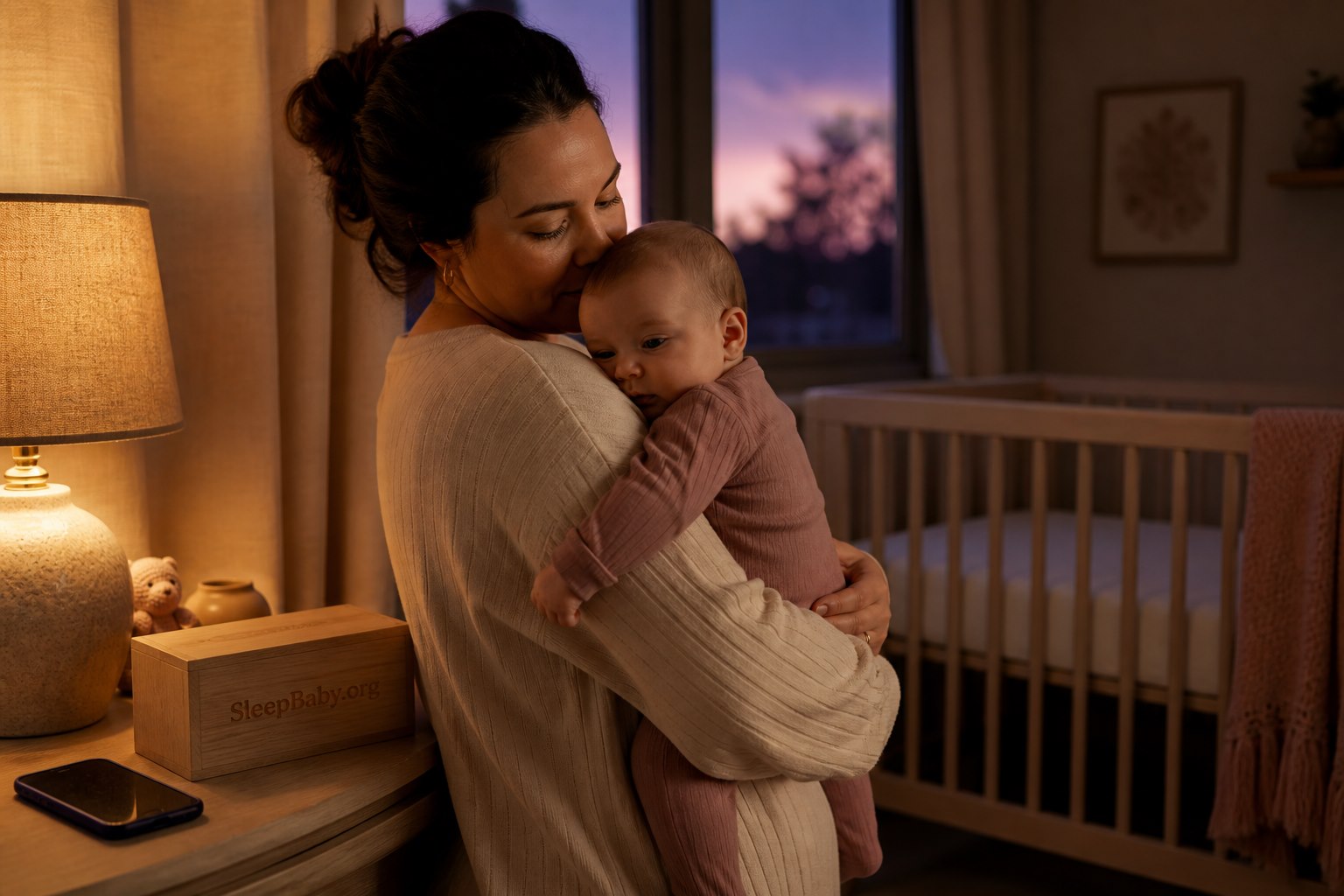 Parent holds a sleepy but awake baby against the shoulder beside a face-down phone and an empty crib; a wooden box reads SleepBaby.org.