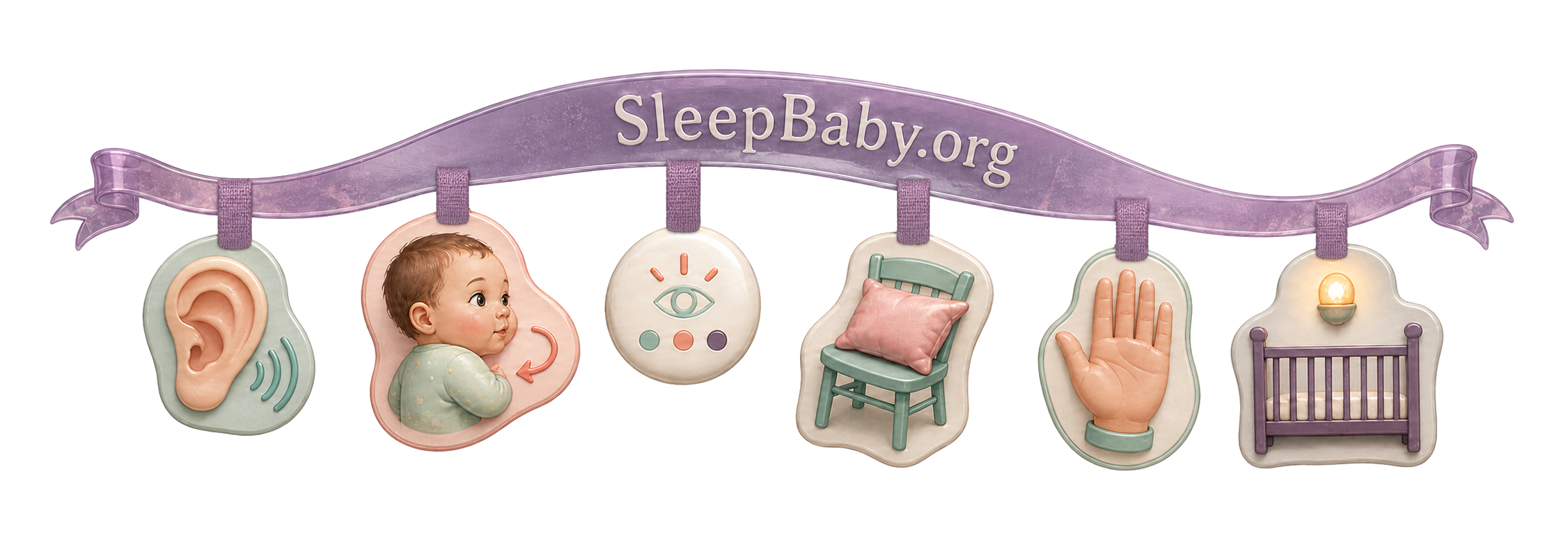 Purple listening rail links an ear, awake baby, observation cue, pillow on chair, open hand, and empty crib.
