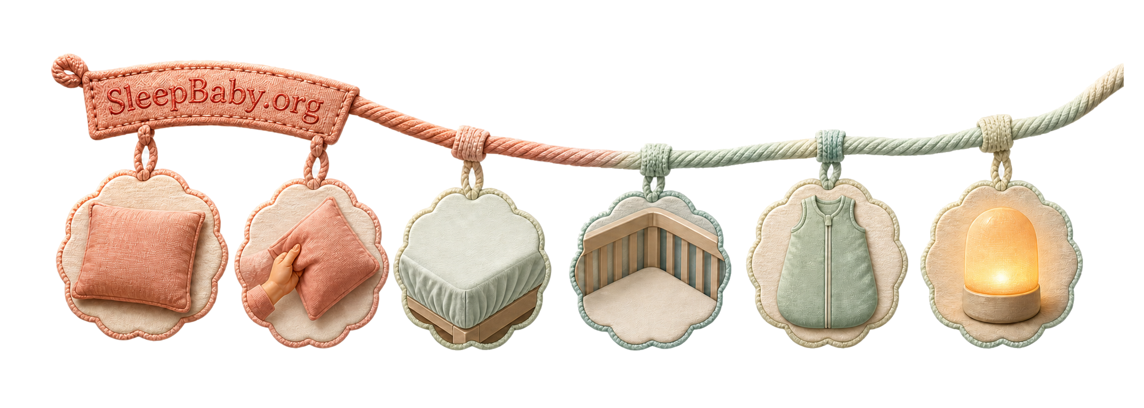 Textile editorial rail moves from a pillow and lifting hand to a fitted sheet, empty crib, sleep sack, and nightlight.