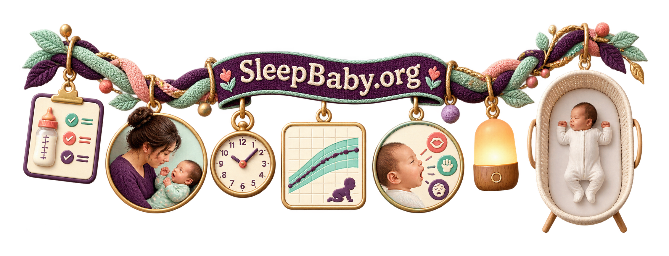 Transparent woven rail with a feeding plan, caregiver cue, clock, growth curve, hunger signs, nightlight, and bare bassinet