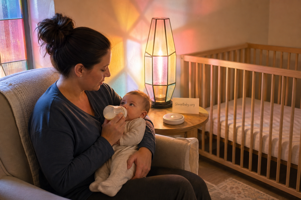 An awake caregiver feeds their baby beside a face-down timer and a clear, empty crib.