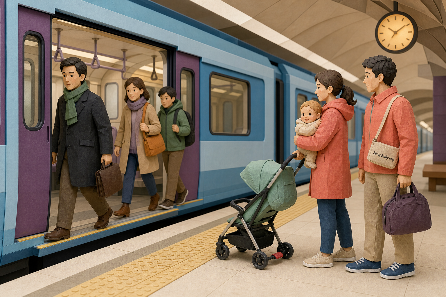 Editorial illustration shows passengers leaving a train while a family waits behind the tactile platform edge with an awake baby, a brake-set stroller, and clear space at the doorway.