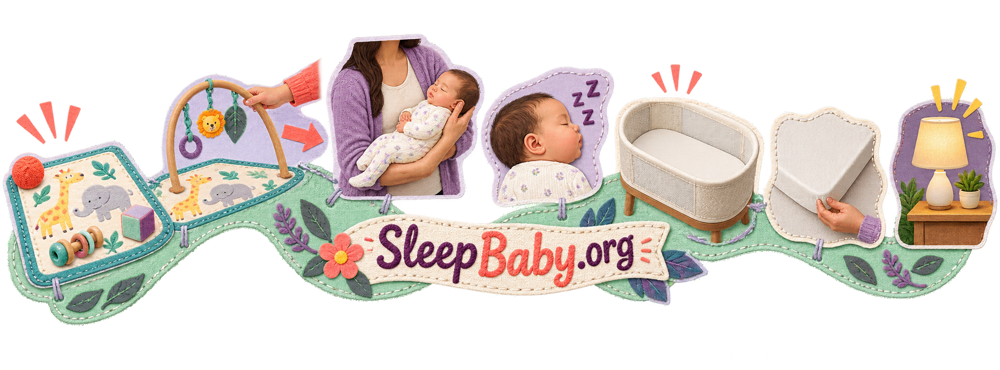 Stitched rail linking a playmat, moved toy arch, supporting hands, sleepy baby, bare bassinet and warm lamp