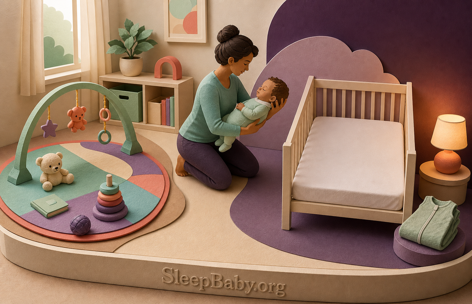 Dimensional room path moving from an interesting playmat through a caregiver lift to a bare crib