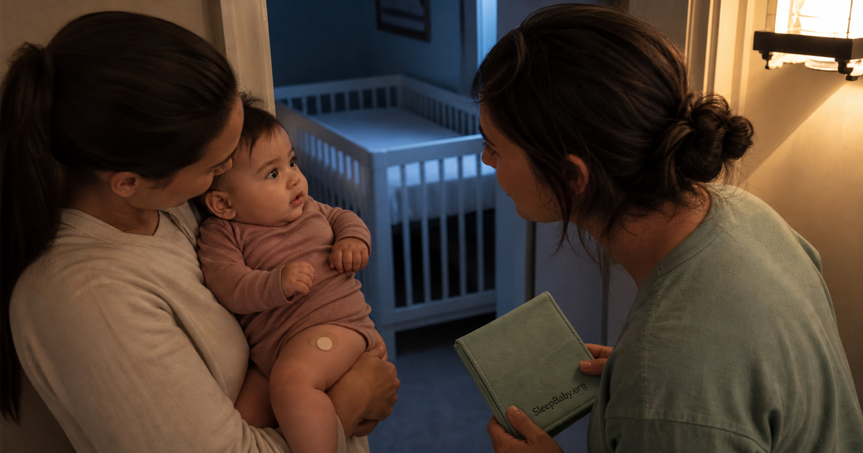 Two caregivers perform a calm whole-baby response check after vaccines near an empty crib at night