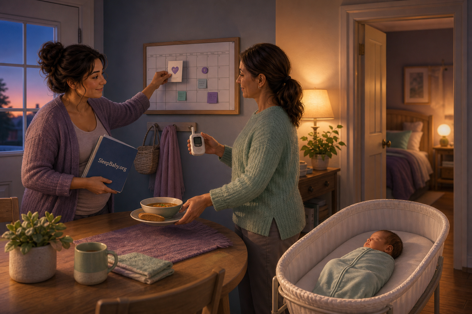 Postpartum parent adds a follow-up card to the calendar while support brings food and takes the monitor for the next shift