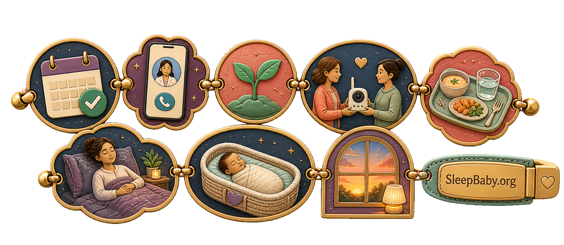 Postpartum depression follow-up charms connect a clinician callback, monitor handoff, nourishment, separate rest, safe sleep, and dawn