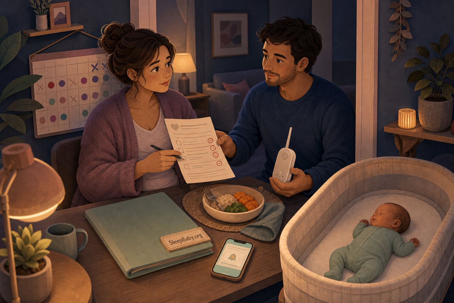 Postpartum parent shares a symptom screening form while a partner takes the monitor beside a safely sleeping newborn