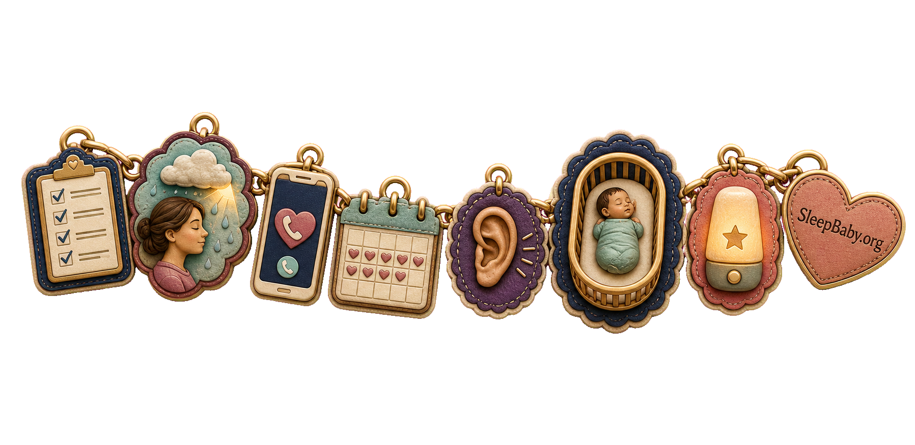 Postpartum depression recognition charms link symptom screening, a help call, listening support, and a safe bassinet at night