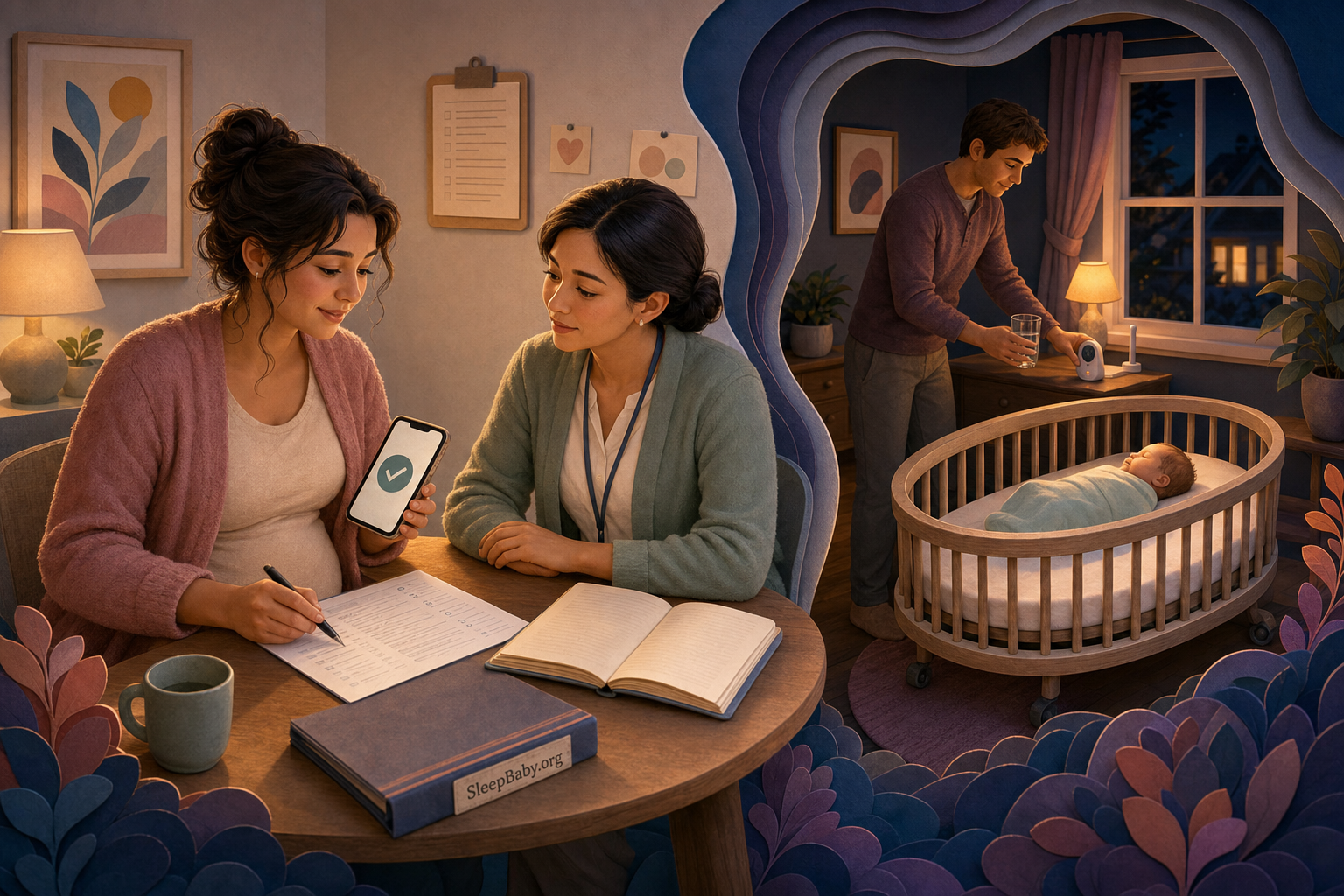 Postpartum parent and clinician review a screening form while home support prepares the monitor beside a safe bassinet