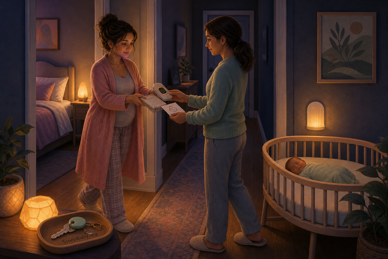 Postpartum parent hands an awake supporter the monitor and care notes before resting apart from the safely sleeping baby