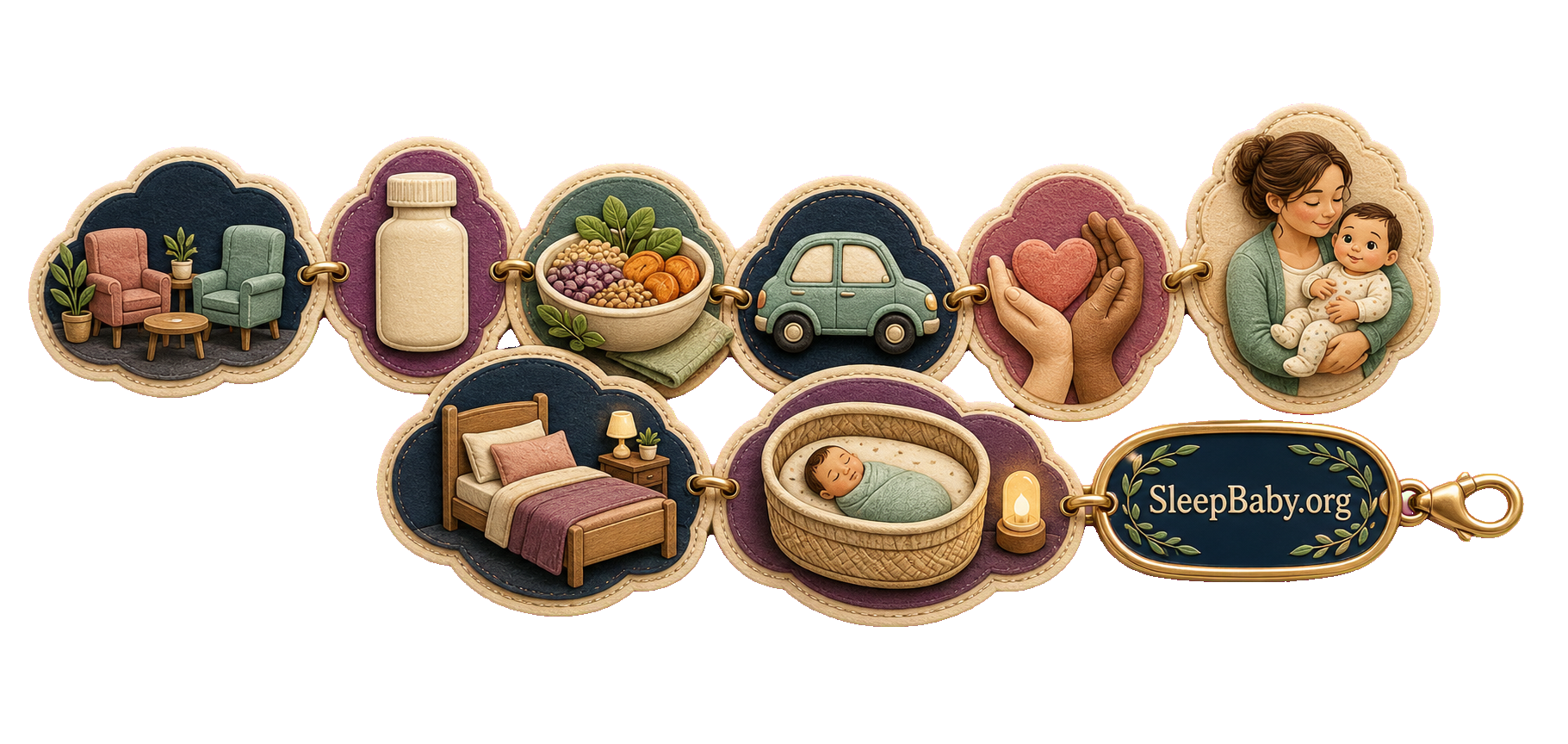 Postpartum depression treatment charms show therapy, medicine, meals, transport, shared care, protected rest, and safe infant sleep