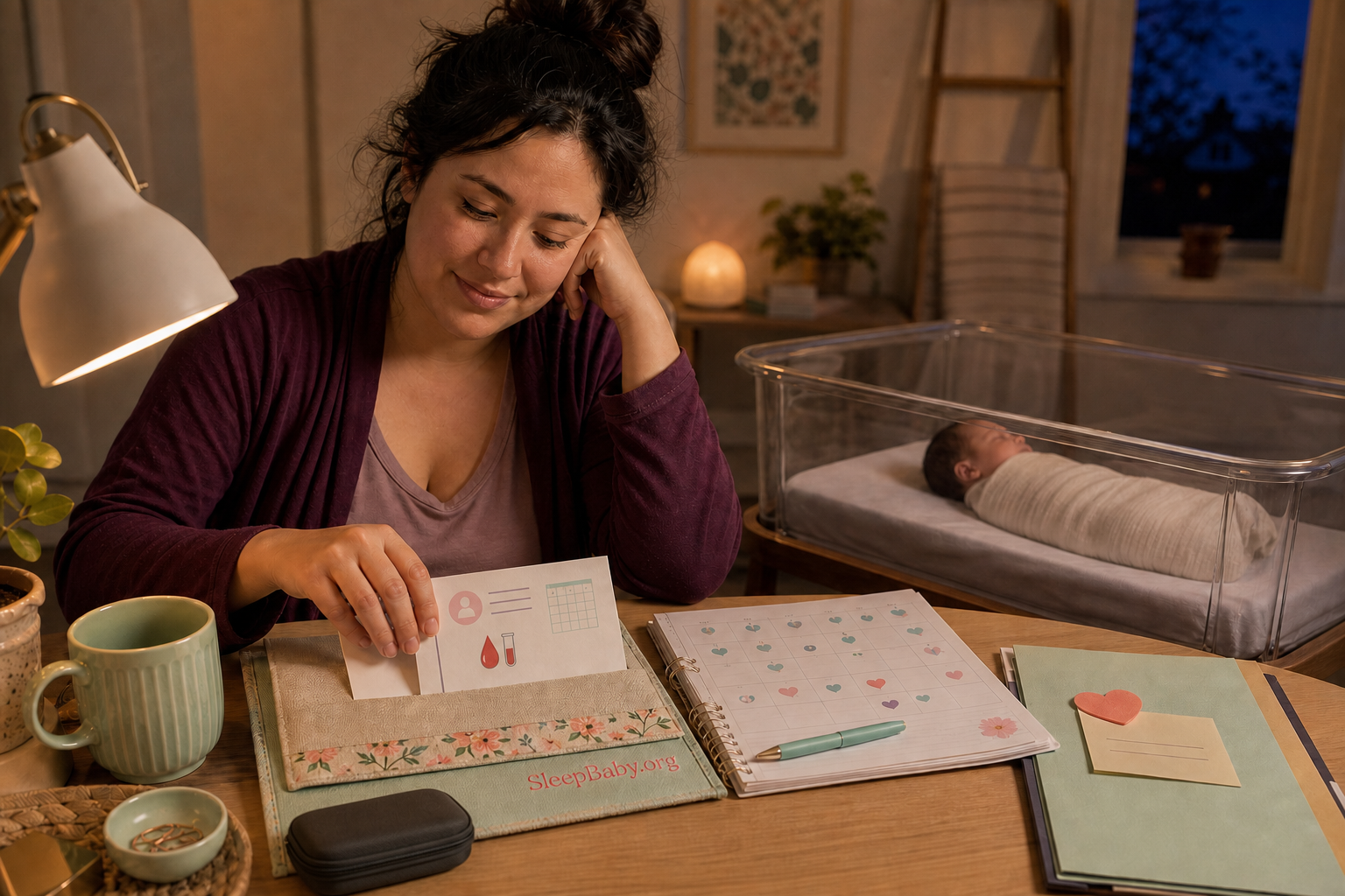 A postpartum parent places her glucose-lab follow-up card by a family calendar and closed meter case while her newborn sleeps on the back in a separate clear bassinet