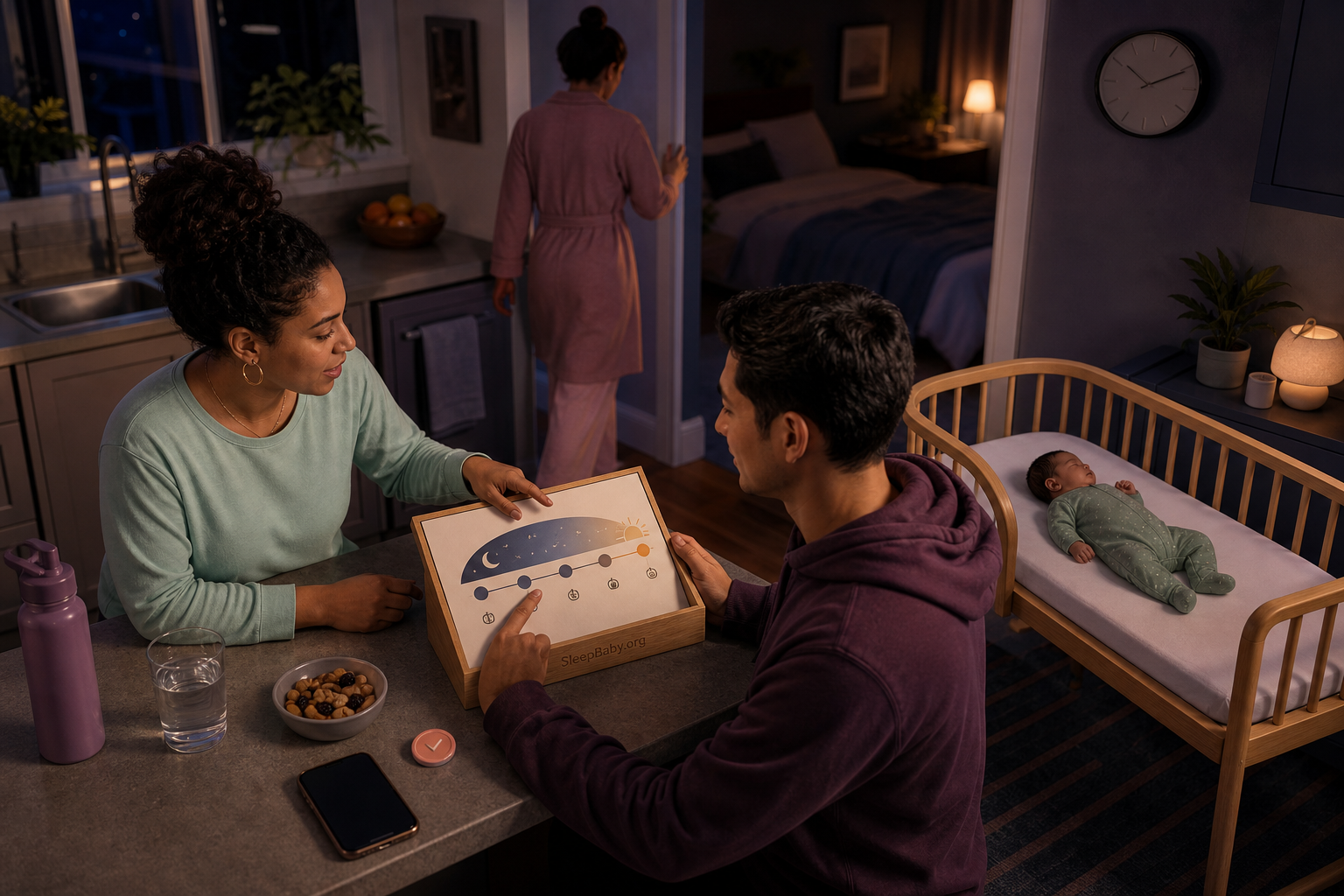 Two adults hand off a nighttime care plan beside a safely sleeping newborn while the postpartum parent goes to rest