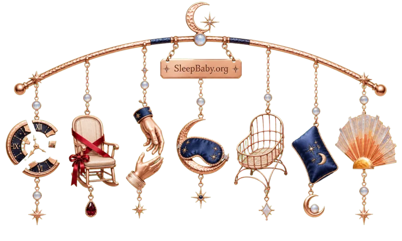 Rose-gold SleepBaby.org mobile with fractured clock, crossed-out empty chair, handoff, eye mask, bare bassinet, adult side pillow and sunrise fan.